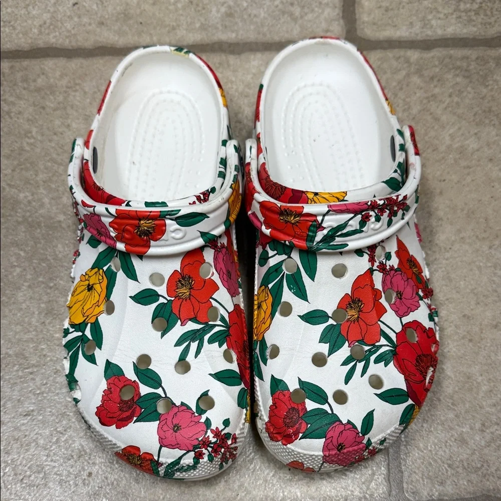 CROCS Women's Floral Clogs - White, Red, Green - Picture 1 of 4